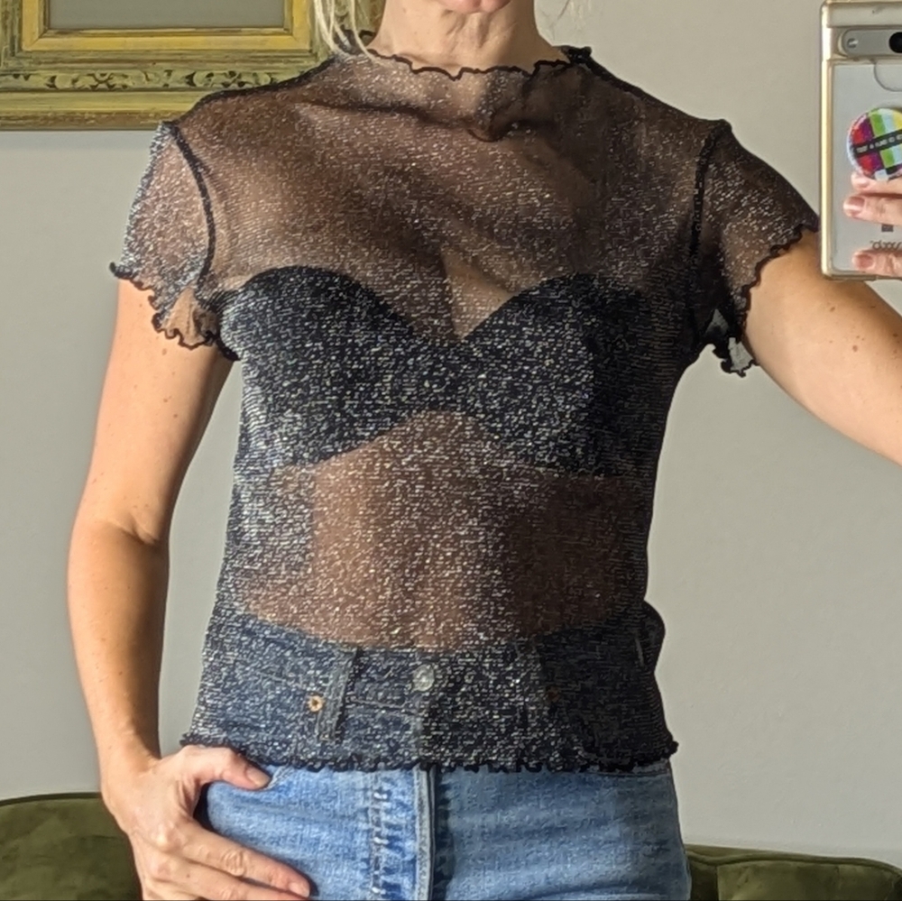 Topshop Sexy Sheer Mesh Sparkle Top Shirt Ruffle Blouse Size Small